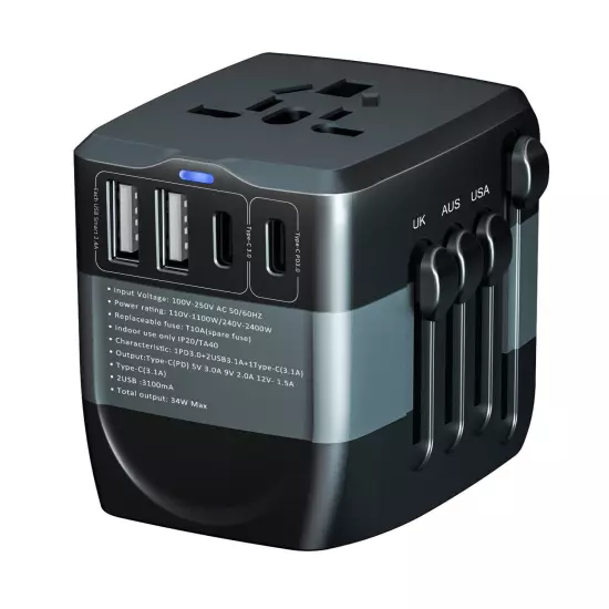 Universal Worldwide Travel Adapter Plug 2 Smart USB Ports+2 Type-C Fast Charge