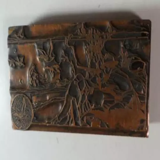 VINTAGE LETTERPRESS WOODEN PRINTING COPPER PLATE MAN DUCK HUNTING WITH SHOTGUN