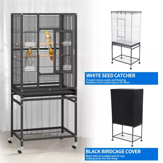 53" Metal Bird Cage with Rolling Stand and Castor Wheels, Large Bird Cages for P