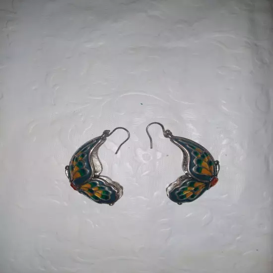  BUTTERFLY EARRINGS - SILVER TONE WITH MULTICOLORED ENAMEL 3-D