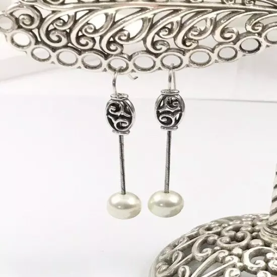 Brighton NWOT Mediterranean Long Silver Pearl French Wire Earrings. #1408