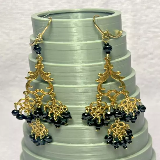 Earrings Dangle Hook Goldtone with Black Beads 3 inches