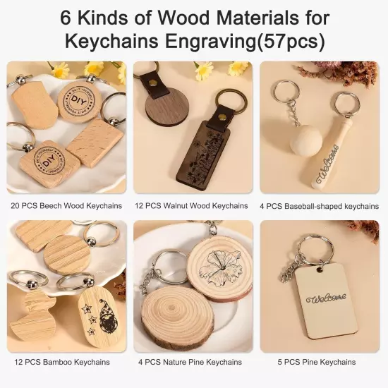 110 PCS Laser Engraving Keychain Blanks, Wooden Keychains Leather Keychains E...