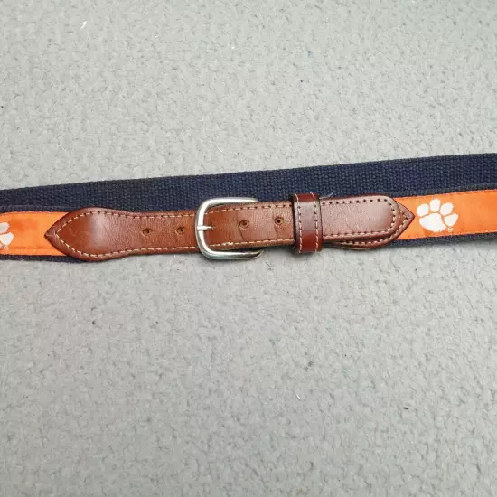 Clemson Tigers Belt Size 30 Tiger Paw Orange Web Leather Trim Nickel Buckle Mens