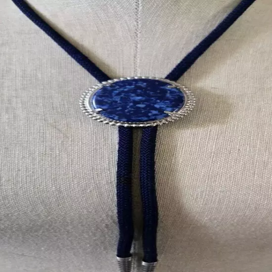 Dark Blue Color Bolo tie with Faux Lapis Oval 2"x1.5" Clasp 30 Inch Tie