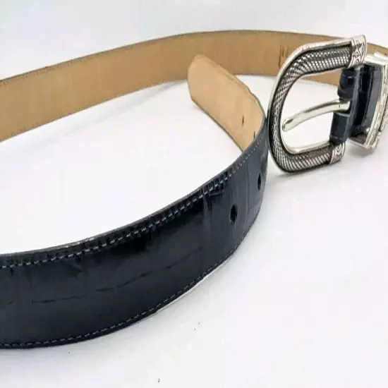 Vtg Brighton Silver On Genuine Black Leather Croc STYLE Belt B30023 Sz L 34"