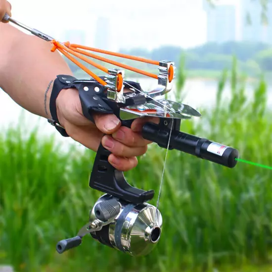 Fishing Slingshot Spincast Reel Catapult Hand Glove Green Laser Shooting