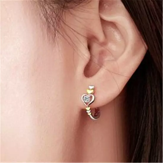 Heart Women Luxury Cubic Zircon Drop Earring Two Tone 925 Silver Jewelry