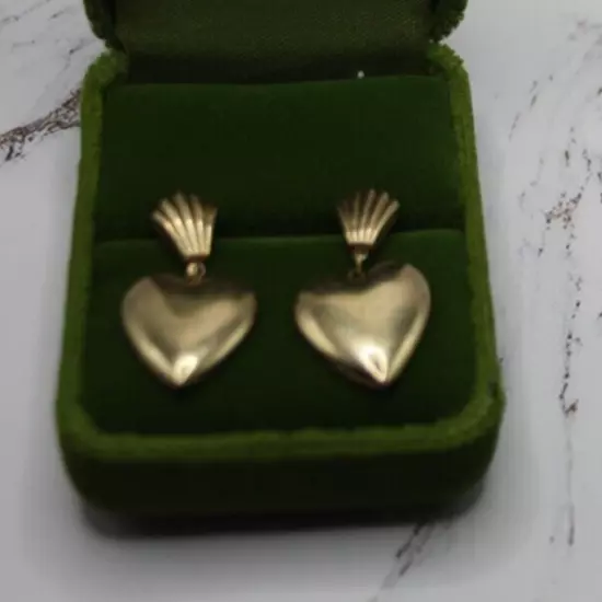 PPC Gold / Sterling Puffy Heart Dangle Post Earrings~ Shell Art deco style