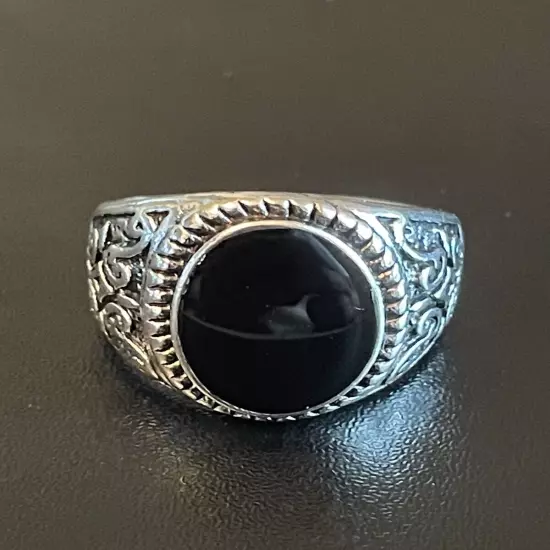 Natural Oval Black Obsidian Stone S925 Silver Plated Men Women Ring Size 9