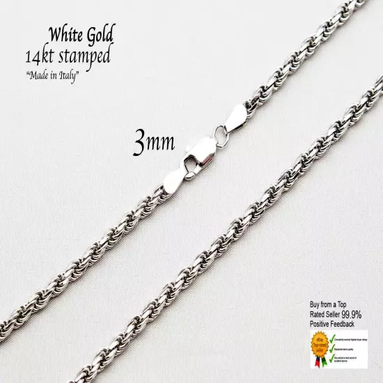 14k Solid White Gold Rope Chain Necklace D/cut 1mm-5mm Mens' Women Sz 16"-30"