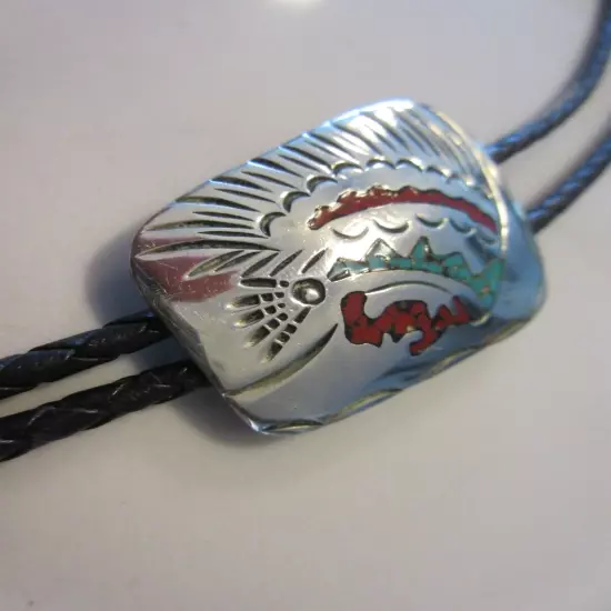 VERY VINTAGE ORIGINAL NATIVE USA STERLING SILVER/TURQUOISE BOLO TIE MARKED 'WM'.