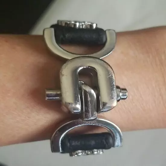 Women's Leather Bracelet Clasp Black Silver Tone Buckle 