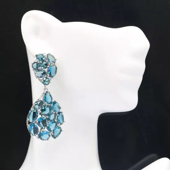 Stunning Long Big Heavy London Blue Topaz Woman's Party Silver Earrings 