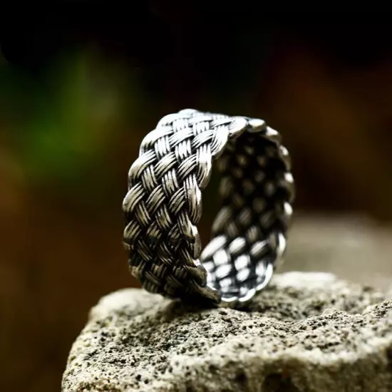 Vintage Tribal Rattan Woven Wedding Ring Stainless Steel Men's Biker Punk Ring