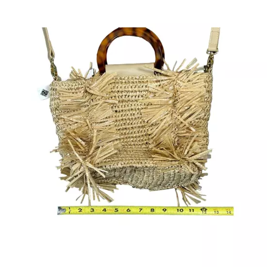 Sondra Roberts Boho Beach Fringe Squared Natural Straw Raffia Weave Bag Purse 