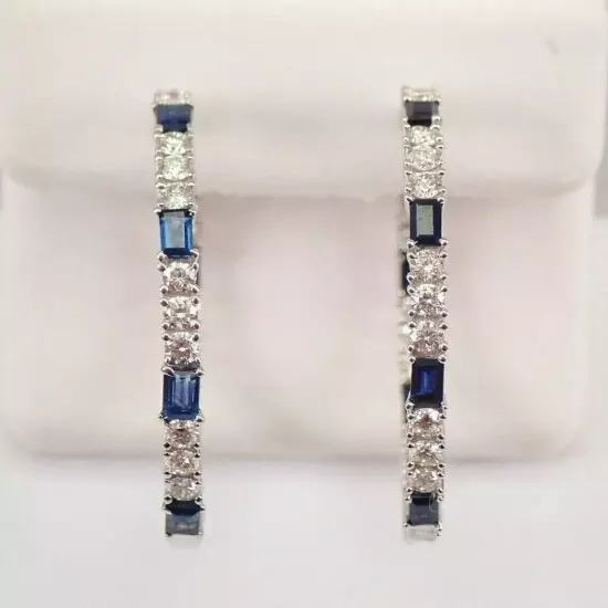 2 Ct Round Cut Lab Created Blue Sapphire Hoop Earrings In 14k White Gold Plated