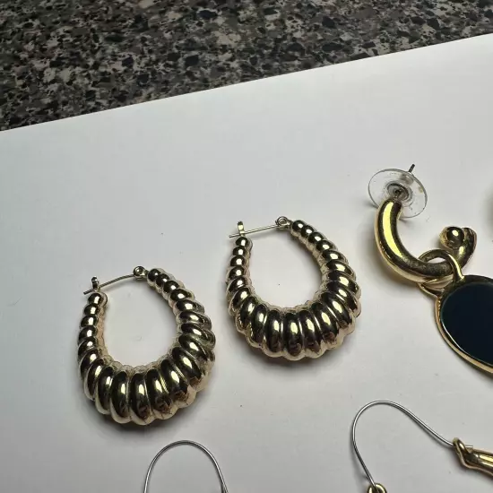 Retro Mix Hoop / Dangle Pierced Earrings Lot Of 3 Gold Tone 1 Black Enamel