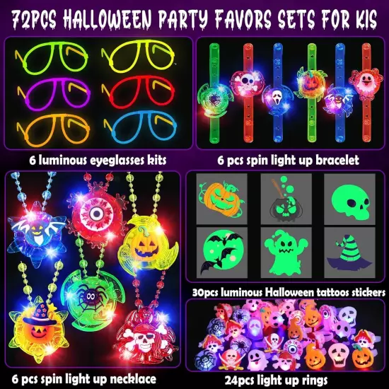 72Pcs Halloween Party Favors for Kids,Halloween Light Up Necklaces Rings... 