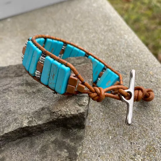 Men's Turquoise and Tiger Jasper Beaded Brown Leather Cuff Bracelet handmade USA