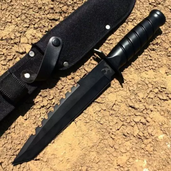 13" Black Survival Tactical Serrated Hunting Fixed Blade Knife W/ Sheath