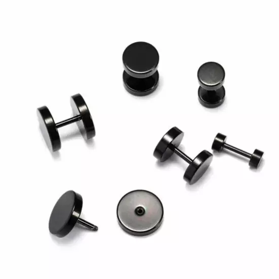 Stainless Steel Pair Black Flat Round Barbell Plug Stud Earrings Mens Gym 14-3mm