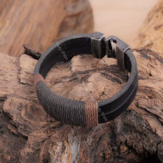 Surfer Mens Vintage Hemp Wrap Leather Wristband Bracelet Cuff Black Brown