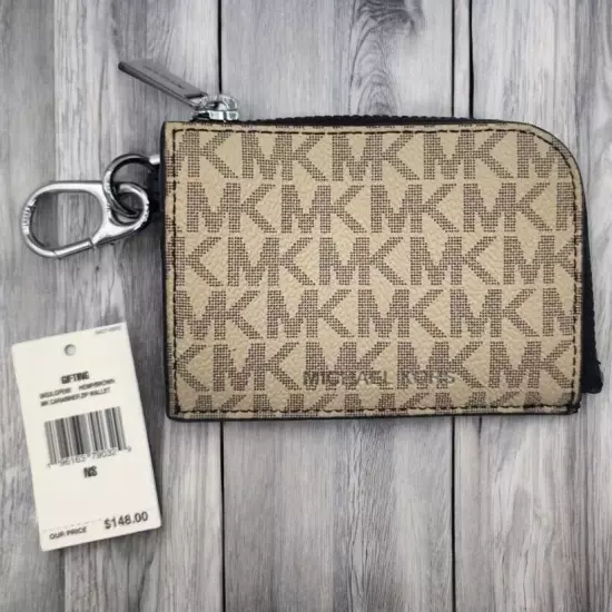 NEW MEN OR WOMEN' S Michael Kors Carabiner Zip Wallet & MK KEY CHAIN HEMP BROWN