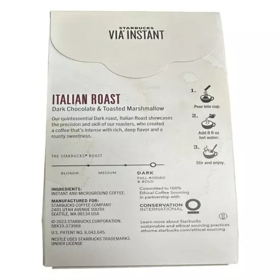 STARBUCKS Via Instant Dark Roast Coffee Italian Roast 12 8 Pks ( 96 Total ) 7/25