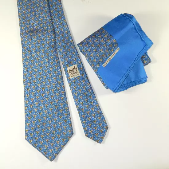 Vintage Hermes Tie with Matching Handkerchief - Blue with Geometric Print 7351