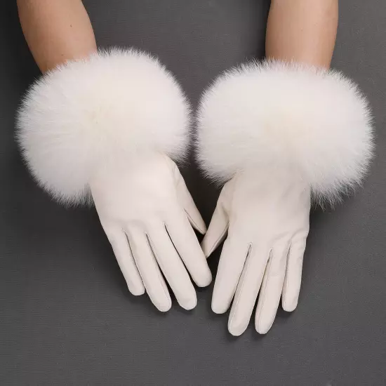 Women Genuine Lambskin Leather Gloves With Real Fox Fur Trim Cuff Winter Warm