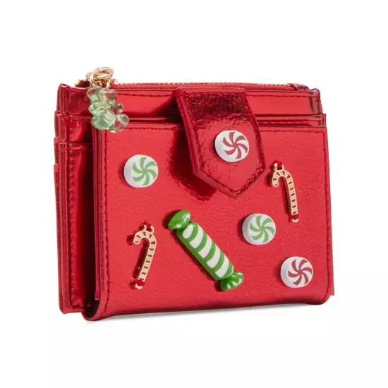 Betsey Johnson Kitsch Candy Bifold Wallet Red Metallic Candy Cane Christmas