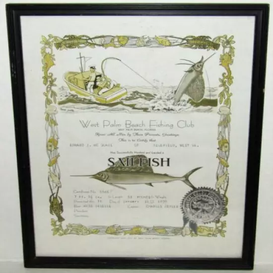 Vintage 1939 West Palm Beach Fishing Club Certificate for 7ft 53lbs Sailfish