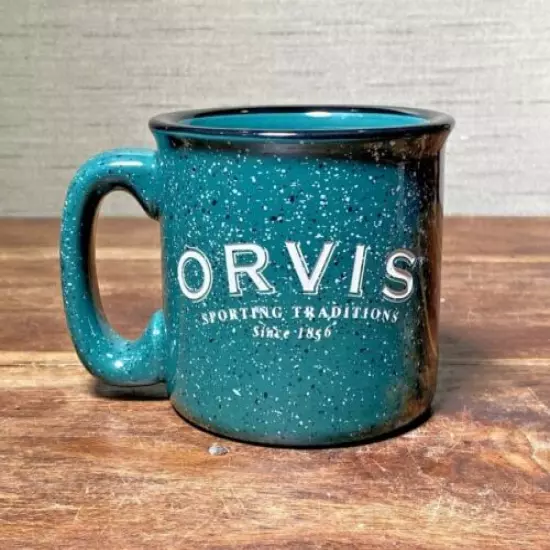 Orvis Sporting Tradition Camping Coffee Mug Green Speckled Engraved 8 oz Ceramic