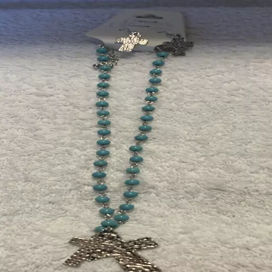 Sarah's silver Cross and turquoise synthetic stone Necklace Lead/Nickel Free