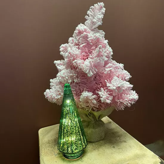 Christmas Mercury Pleated Glass Tabletop Light Up Tree Figurine Table Lamp Decor