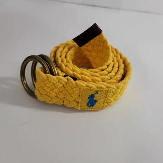 Polo Ralph Lauren Leather-Trim Canvas Belt Men Small Yellow Double D Ring Braid