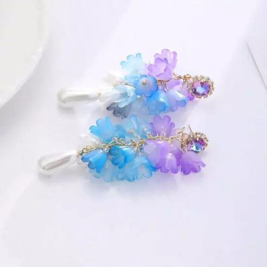 Purple & Blue Lily Flower Drop Earrings Fairycore Acrylic Rhinestone Boho NEW