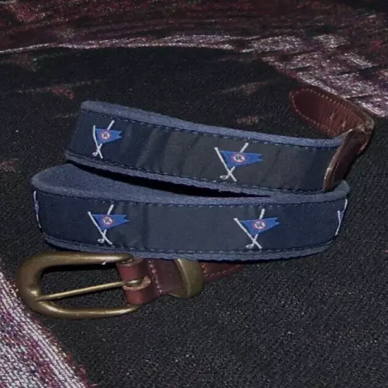 YRI Embroidered Canvas & Leather Ribbon Golf Belt OCEAN REEF CLUB Size 34 Blue