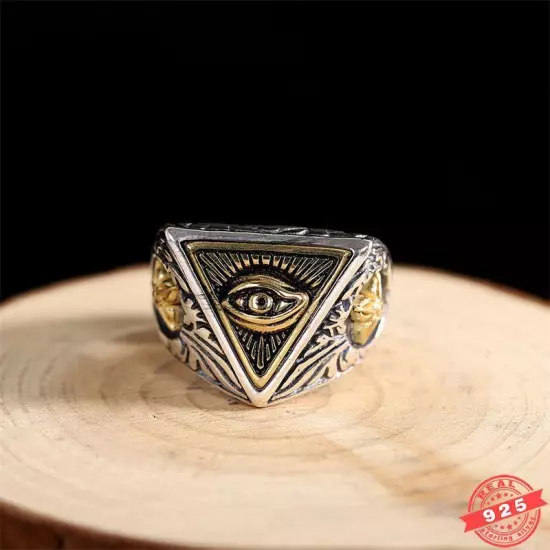 Solid 925 Sterling Silver Open Size Ring Band for Mens Retro Hip Hop Eye Of Evil