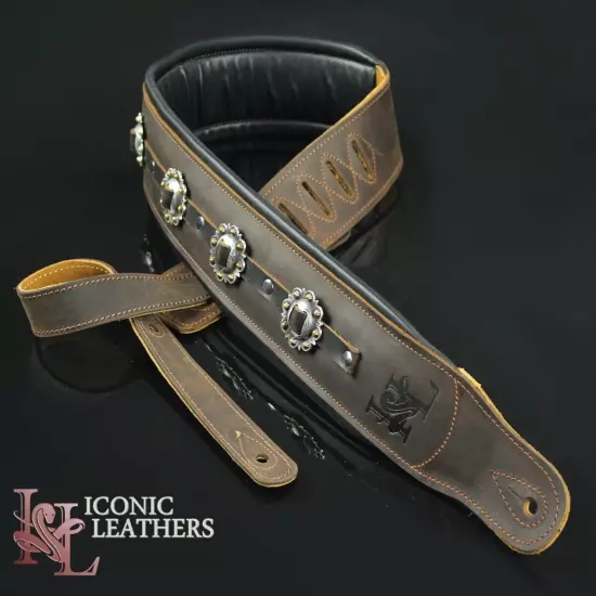 Iconic CUSTOM SHOP Conchos 3.25" Brown Leather Padded Guitar Bass Strap #1