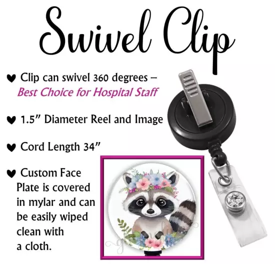 Baby Raccoon Nurse Badge Holder, Flower Badge Reel, Medical ID Retractable 6576