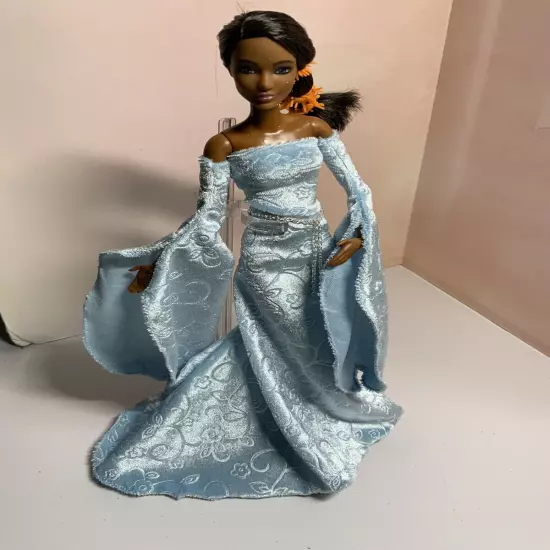 Baby Blue Panne Velvet Medieval Style Gown Set For Your 11.5” Fashion Doll