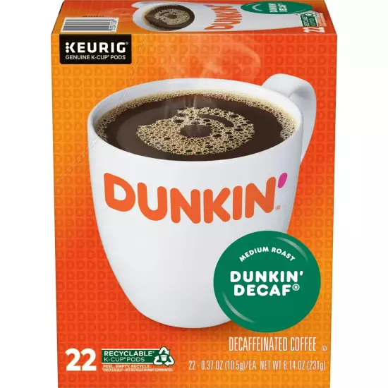 Dunkin’ Decaf Coffee, Medium Roast, Keurig K-Cup Pods, 22 Count BoxDunkin’ Decaf