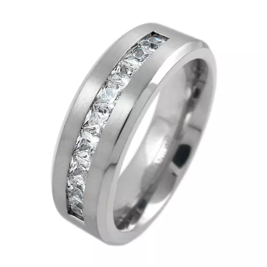 8mm Titanium Men's 1.8 Carat Princess Cut CZ Brushed Center Wedding Band Ring