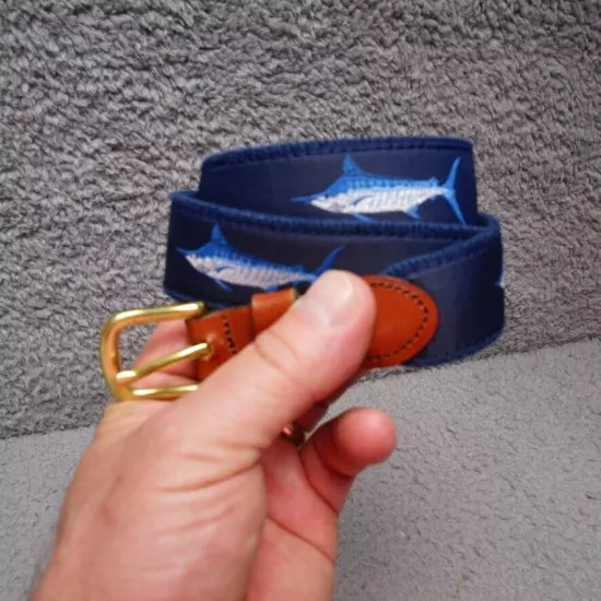 Leather Man Belt Sz 30 Blue Cotton Marlin Fishing Print Leather Brass Buckle