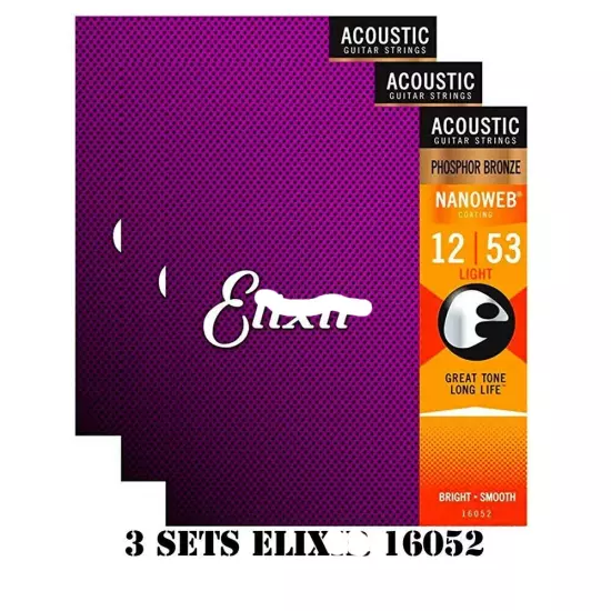 3 SETS FOR ELIXIRR 16052 NANOWEB ACOUSTIC GUITAR STRINGS LIGHT 12-53 PHOSPHOR