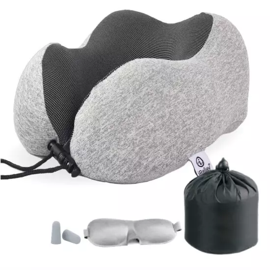 iReliev Memory Foam Travel Pillow Set with Tote bag, Eye mask and Ear plugs