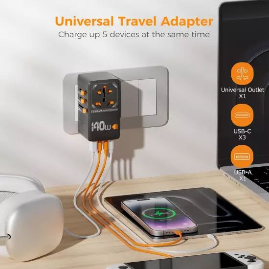 140W Gan Universal Travel Adapter, International Plug Adaptor with 3 USB C and 1