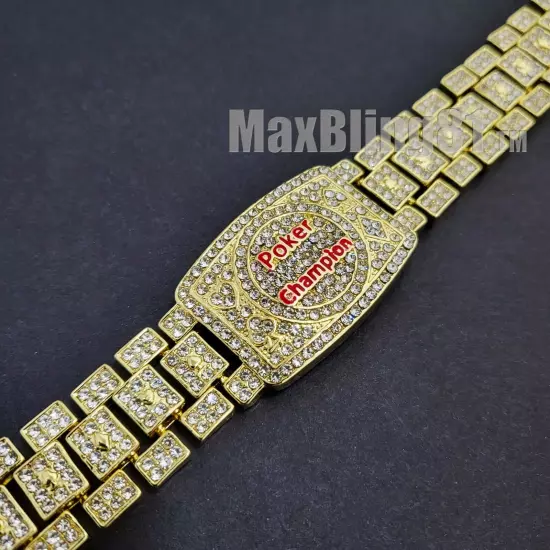 POKER CHAMPION BRACELET GOLD SILVER PLATED ALLOY CUBIC ZIRCONIA ICY ICED HIP HOP